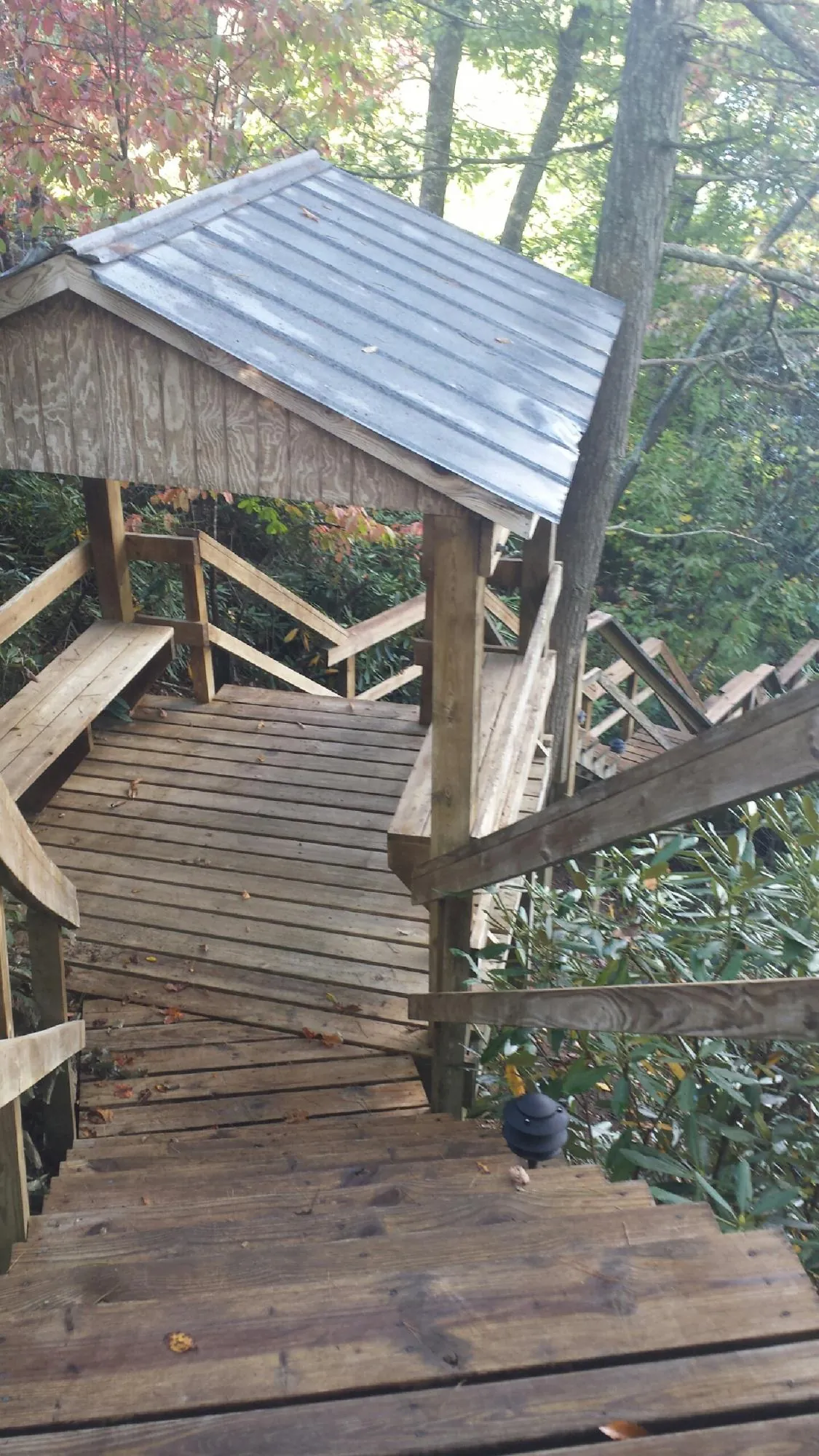 Metal roofed shelter over wooden steps on a wooded walkway — Skylight Repair & Installation work by our crew in Wellpinit